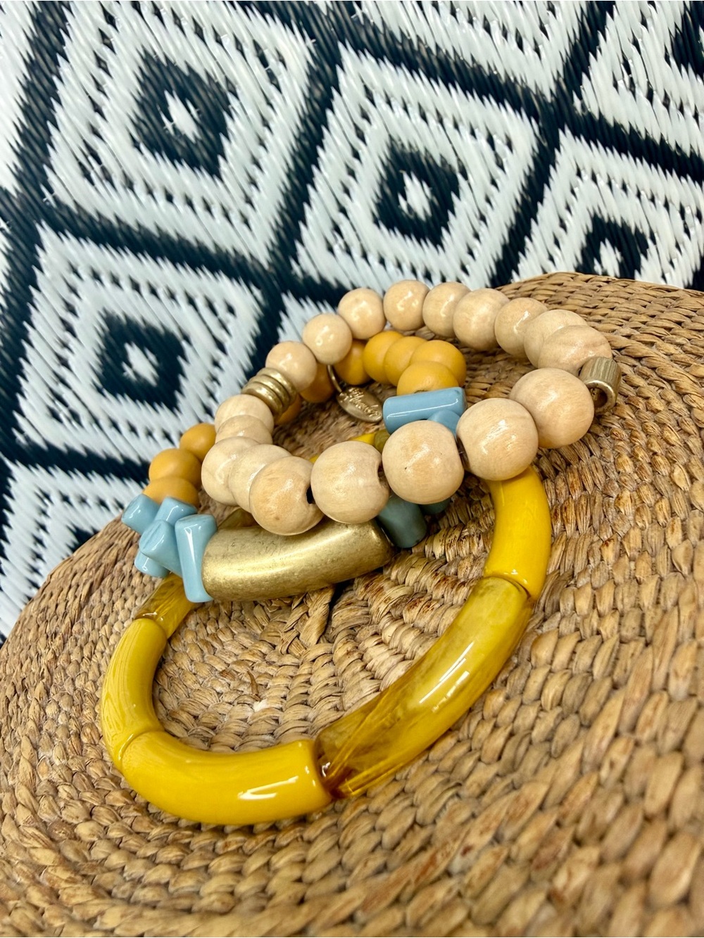 Vintage Stacked Yellow and Natural Bead Bracelet Set